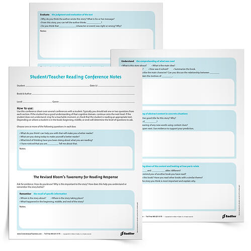 While conferencing with students, use the Revised Bloom's Taxonomy Reading Conference Notes to help you incorporate a variety of questions based on the Revised Bloom's Taxonomy: Remember, Understand, Apply, Analyze, Evaluate, and Create.