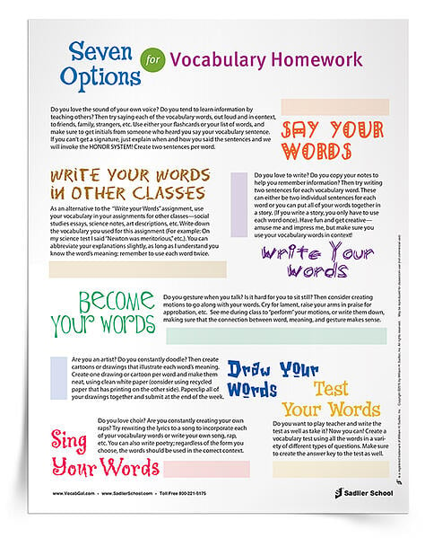 With the 7 Options for Vocabulary Homework bundle, students can choose from a variety of fun and engaging activities for learning or reviewing vocabulary words. In addition to the homework selection sheet, the bundle includes worksheets for vocabulary homework ideas number five and six. The other vocabulary homework options can be completed on a plain peice of paper or in student workbooks. 
